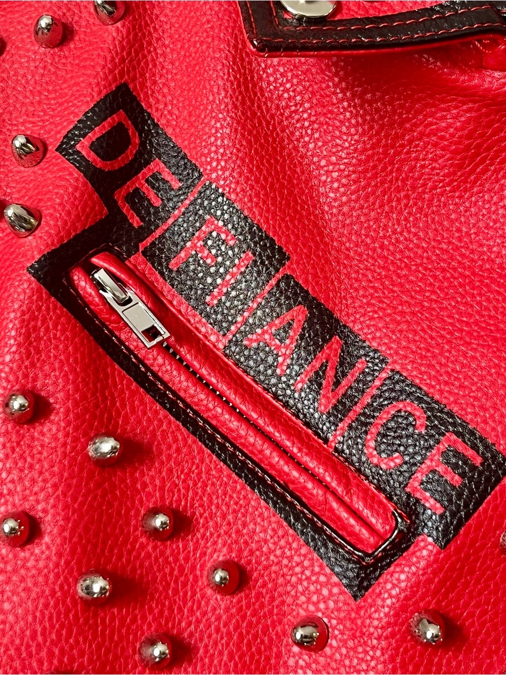 Studded Red Leather Biker Jacket with Belt - Women's Fashion - Picture 7 of 16